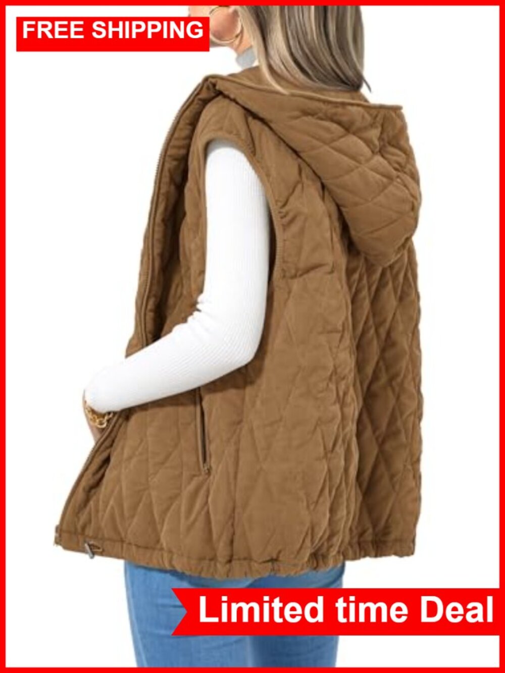 Polyester Sleeveless Hooded Puffer Vest Zip-Up Jacket
